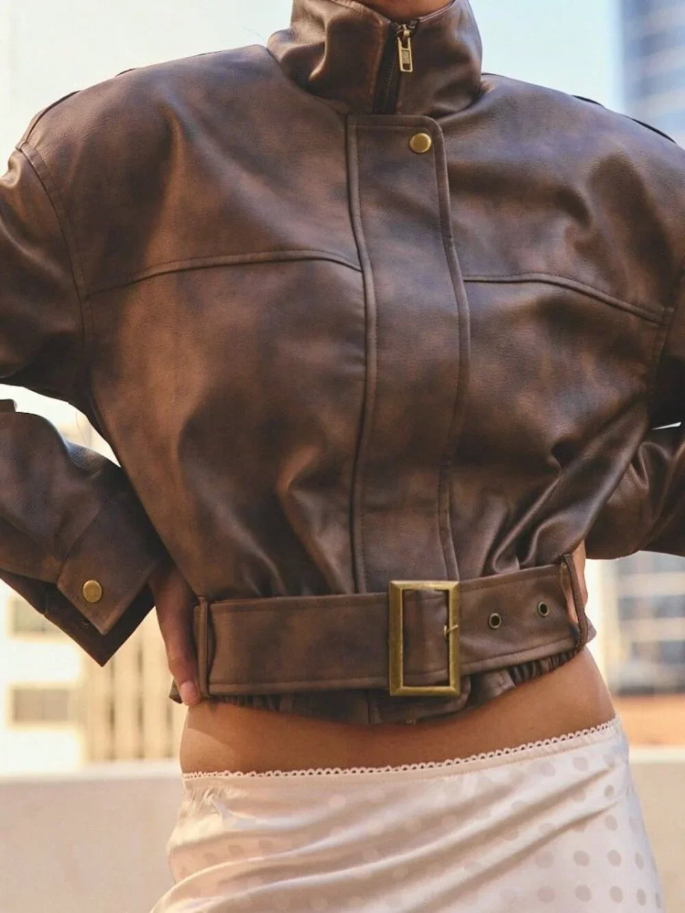 Rust Brown Casual Women's Funnel Neck Faux Leather Jacket With Buckle Belt